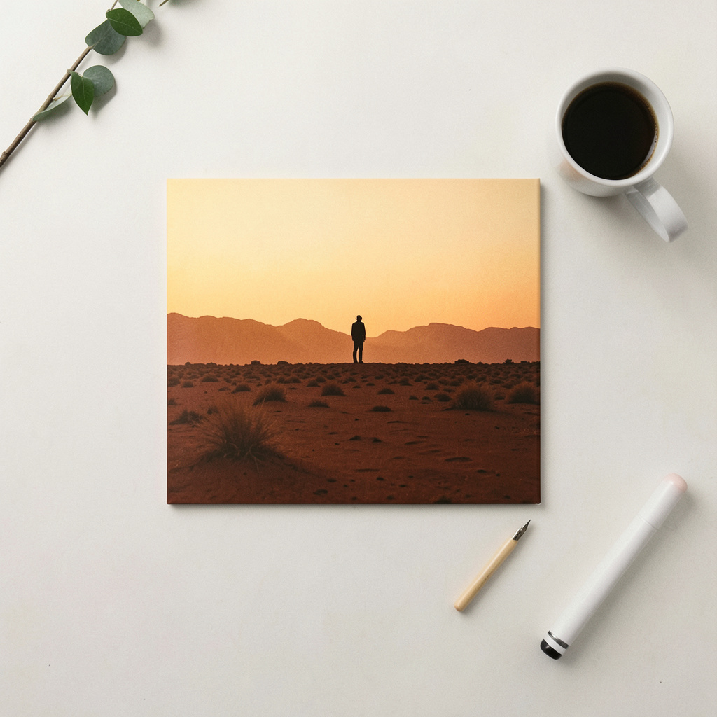 Portada de álbum con paisaje desértico en tonos ocres y anaranjados, silueta solitaria en el horizonte.