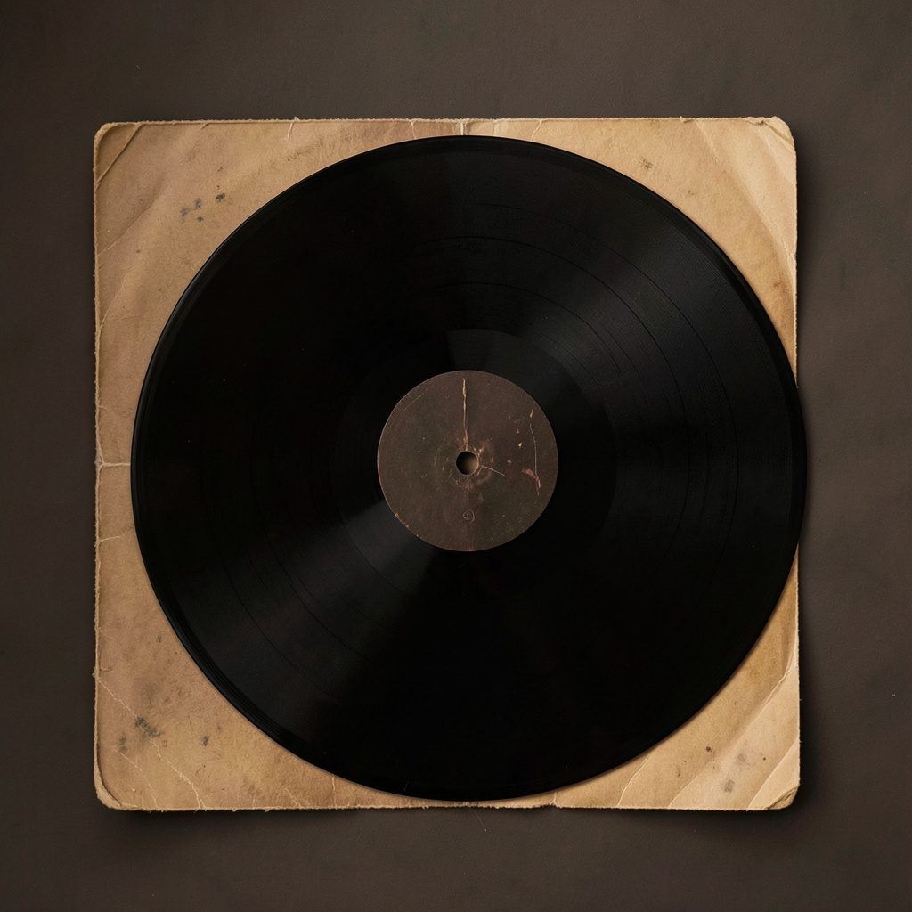 Primer plano de un disco vinilo negro sobre una carpeta desgastada, tonos oscuros y cálidos.