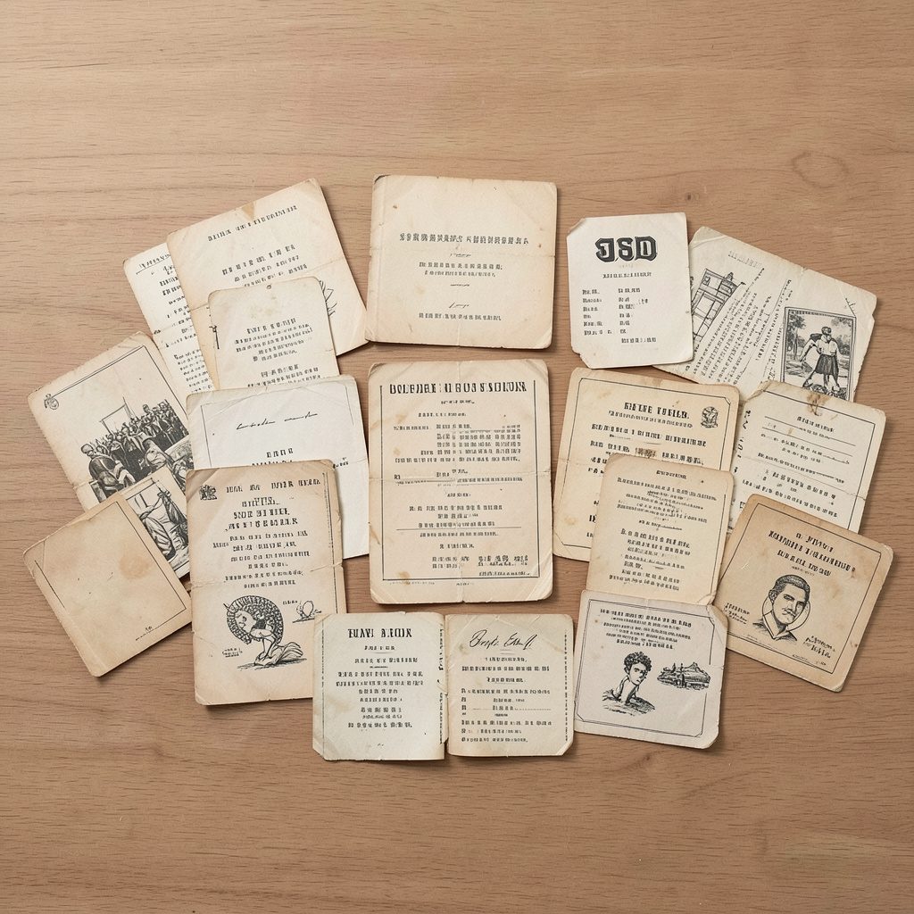Colección de postales antiguas y entradas de concierto dispuestas sobre una superficie de madera, tonos sepia y crema.
