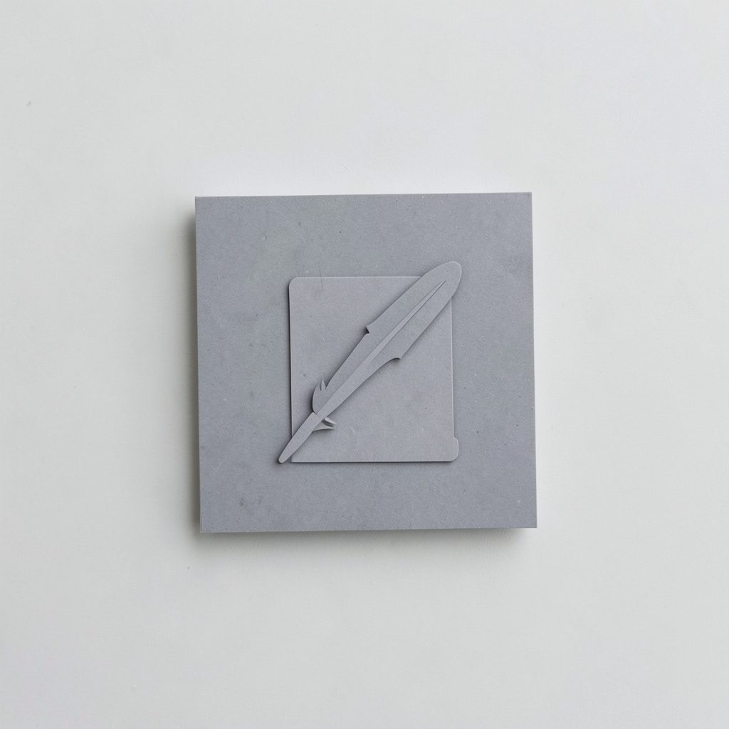 Pequeño icono cuadrado gris con un pergamino y una pluma en el centro, estilo plano.